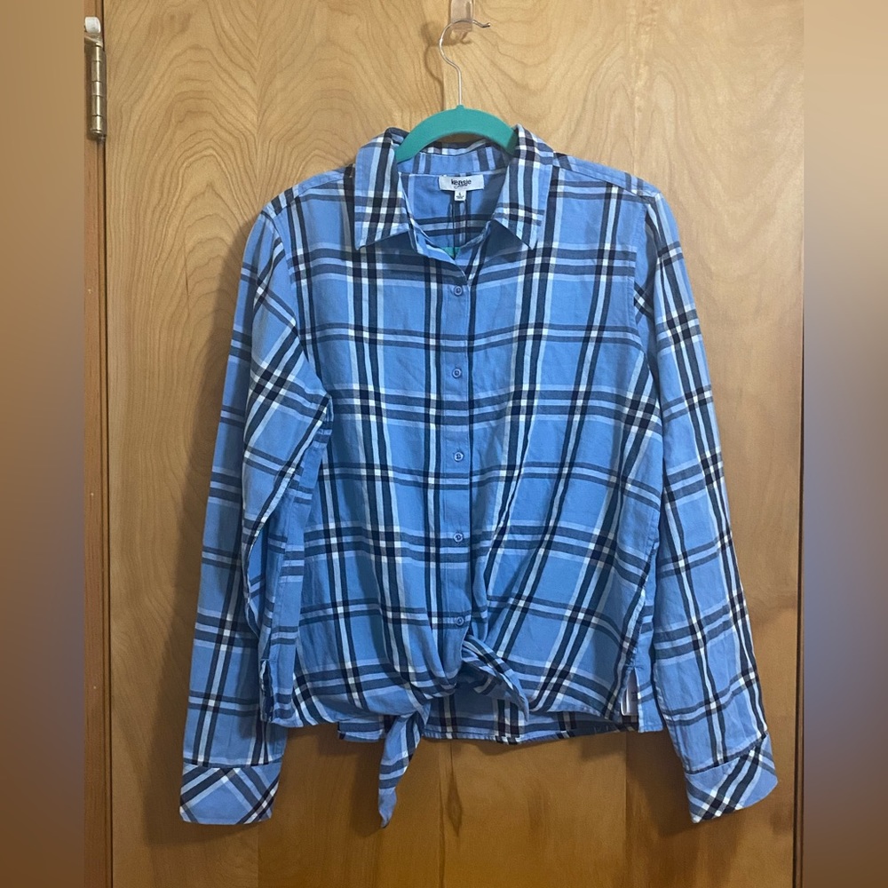 Kensie Flannel Long Sleeve Ties in front Blue Size L NWT